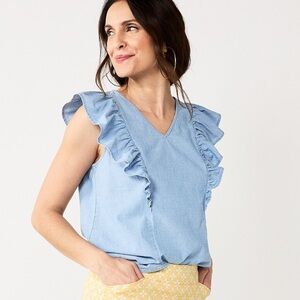 Croft & Barrow Women's XL 100% Cotton Sleeveless Ruffle Top Light Blue Blouse​​